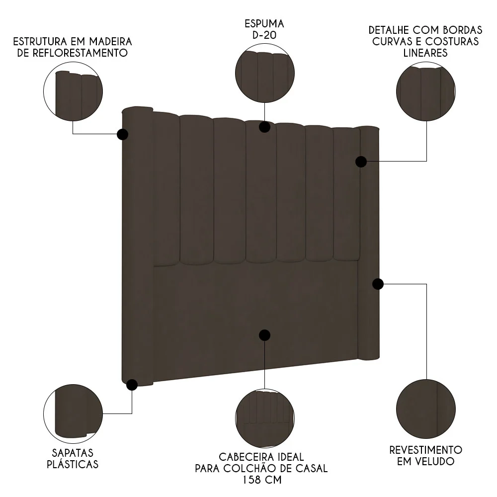 Cabeceira Casal Queen Cama Box 160cm Claire Z04 Veludo Marrom - Mpozenato