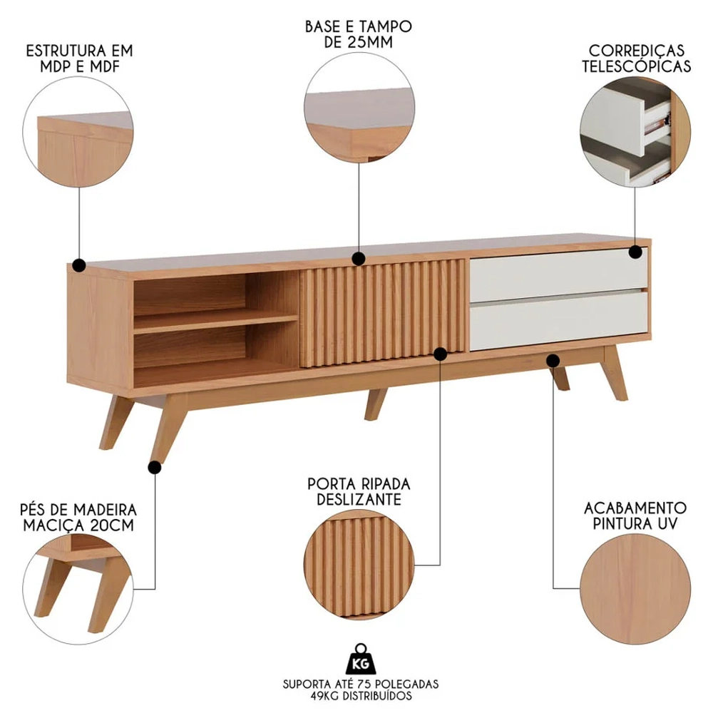 Rack para Sala Bancada de TV 75 Pol 200cm Itália C05 Freijó/Off White Matte - Mpozenato