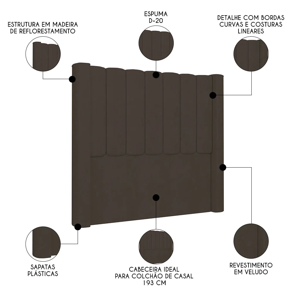 Cabeceira Casal King Cama Box 195cm Claire Z04 Veludo Marrom - Mpozenato
