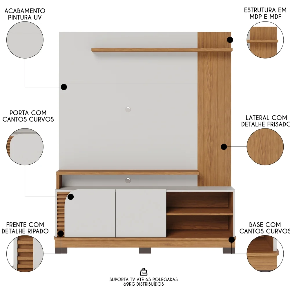 Estante Painel para TV 65 Pol Madrid C05 Off White Matte/Freijó - Mpozenato