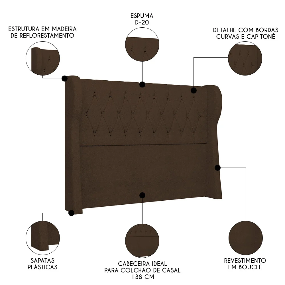 Cabeceira Casal Cama Box 140cm Malva Z04 Boucle Marrom - Mpozenato