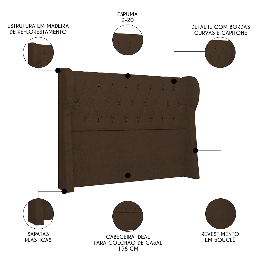 Cabeceira Casal Queen Cama Box 160cm Malva Z04 Boucle Marrom - Mpozenato