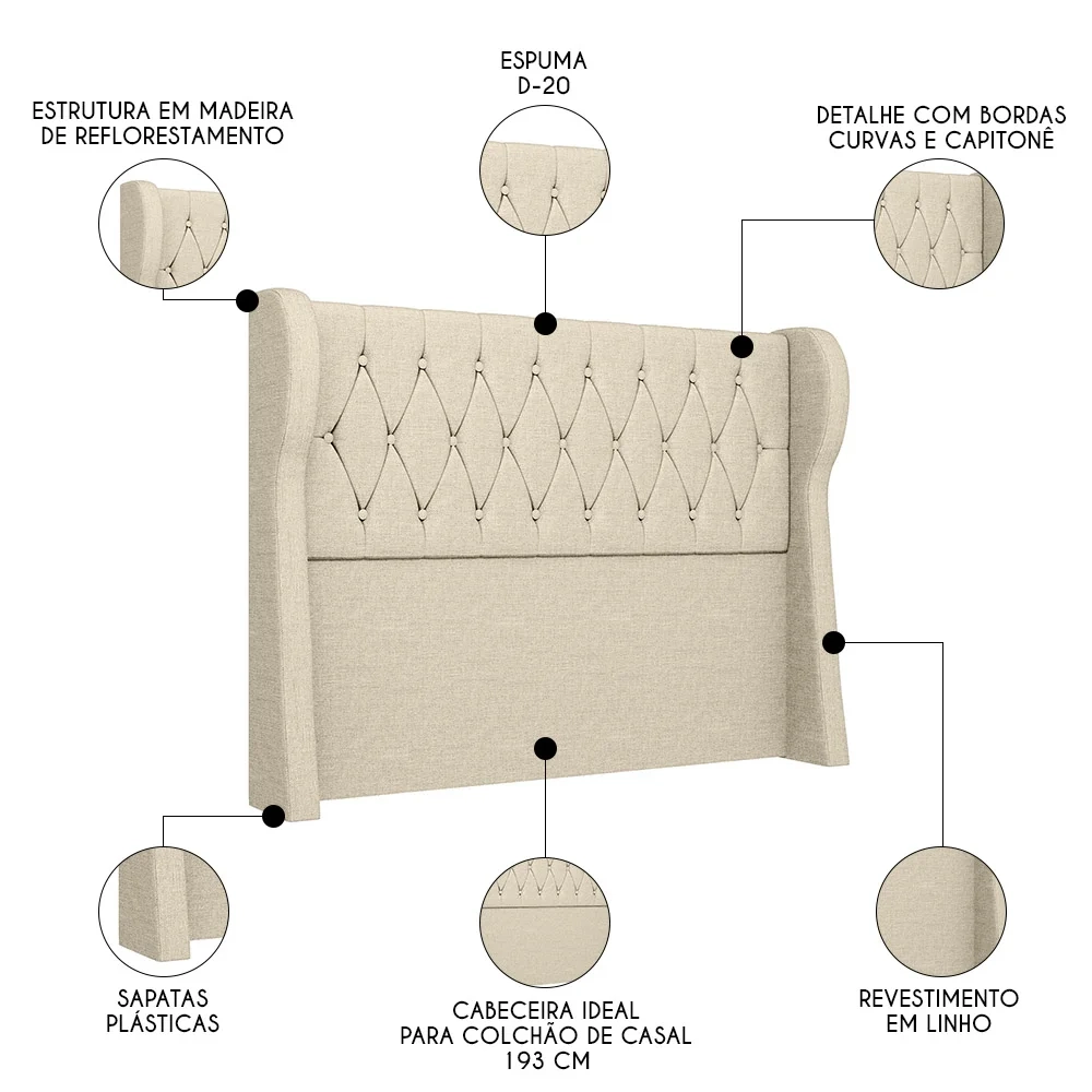 Cabeceira Casal King Cama Box 195cm Malva Z04 Linho Bege - Mpozenato