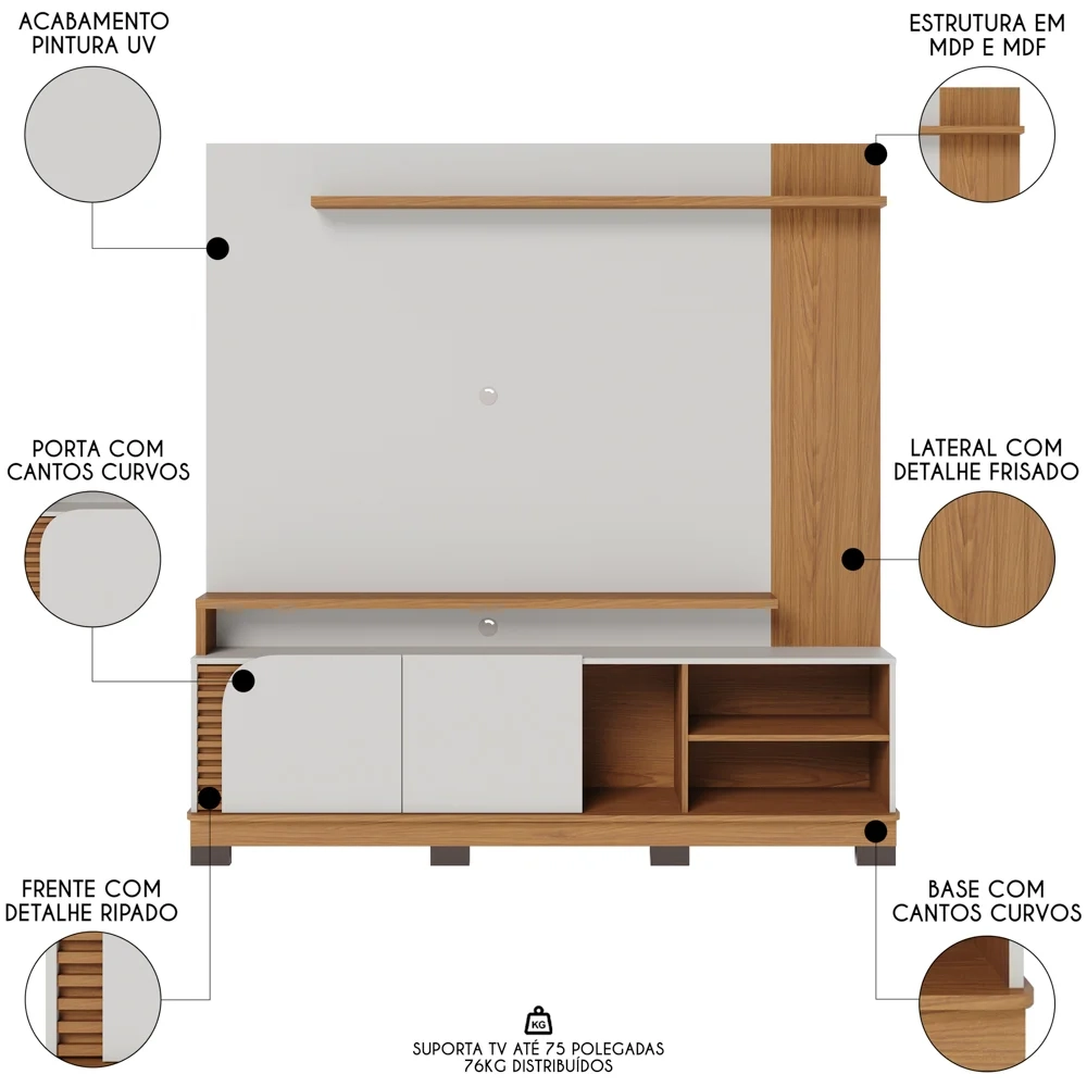 Estante Painel para TV 75 Pol Madrid C05 Off White Matte/Freijó - Mpozenato