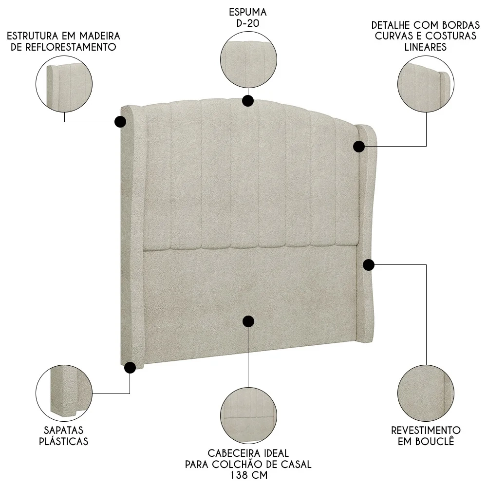 Cabeceira Casal Cama Box 140cm Glenda Z04 Boucle Bege - Mpozenato