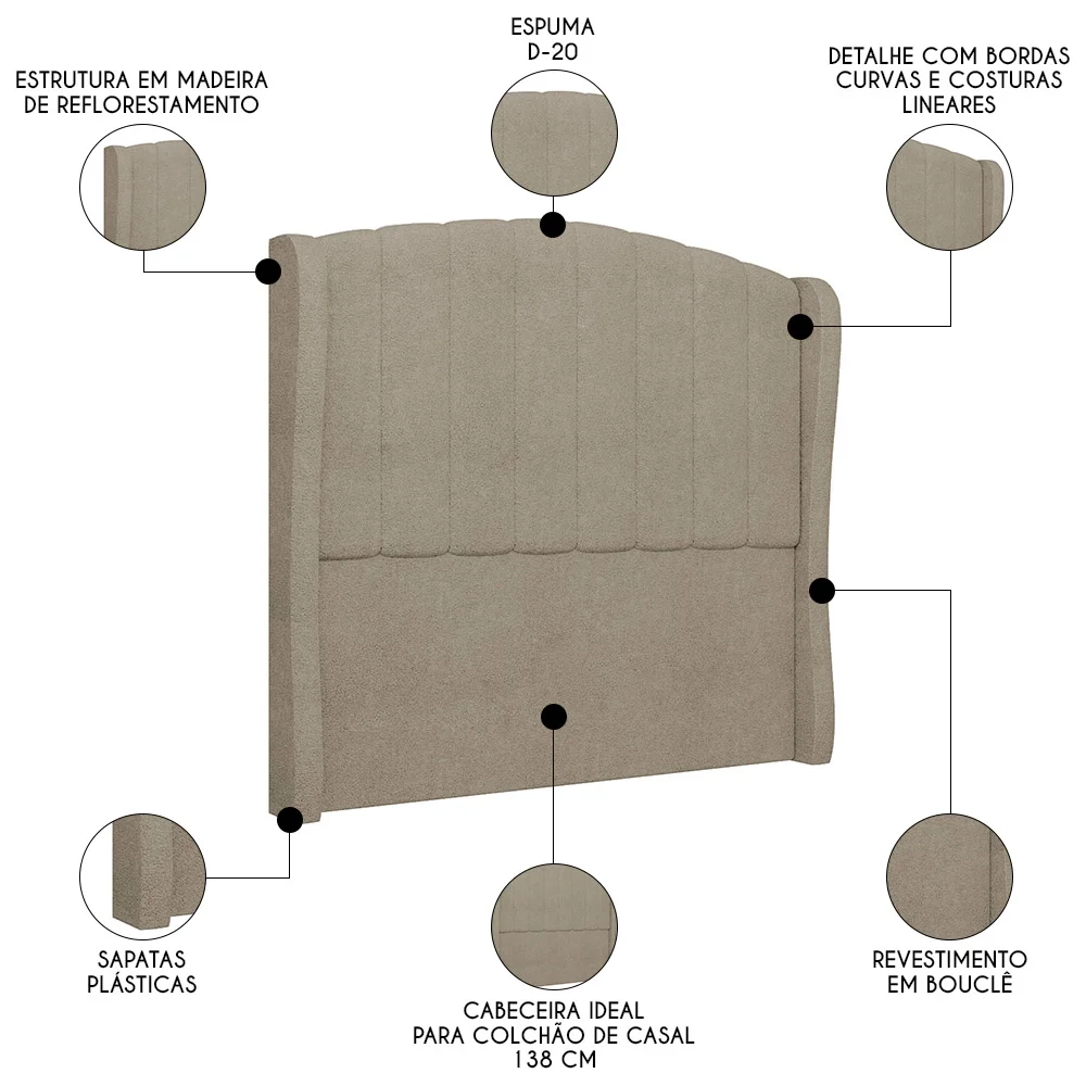 Cabeceira Casal Cama Box 140cm Glenda Z04 Boucle Capuccino - Mpozenato