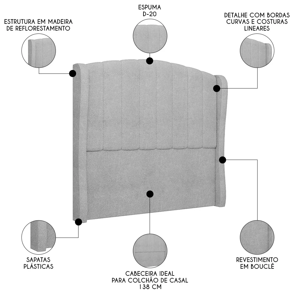 Cabeceira Casal Cama Box 140cm Glenda Z04 Boucle Cinza - Mpozenato