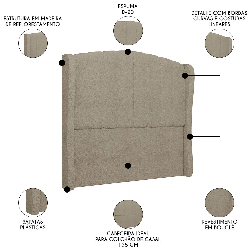 Cabeceira Casal Queen Cama Box 160cm Glenda Z04 Boucle Capuccino - Mpozenato