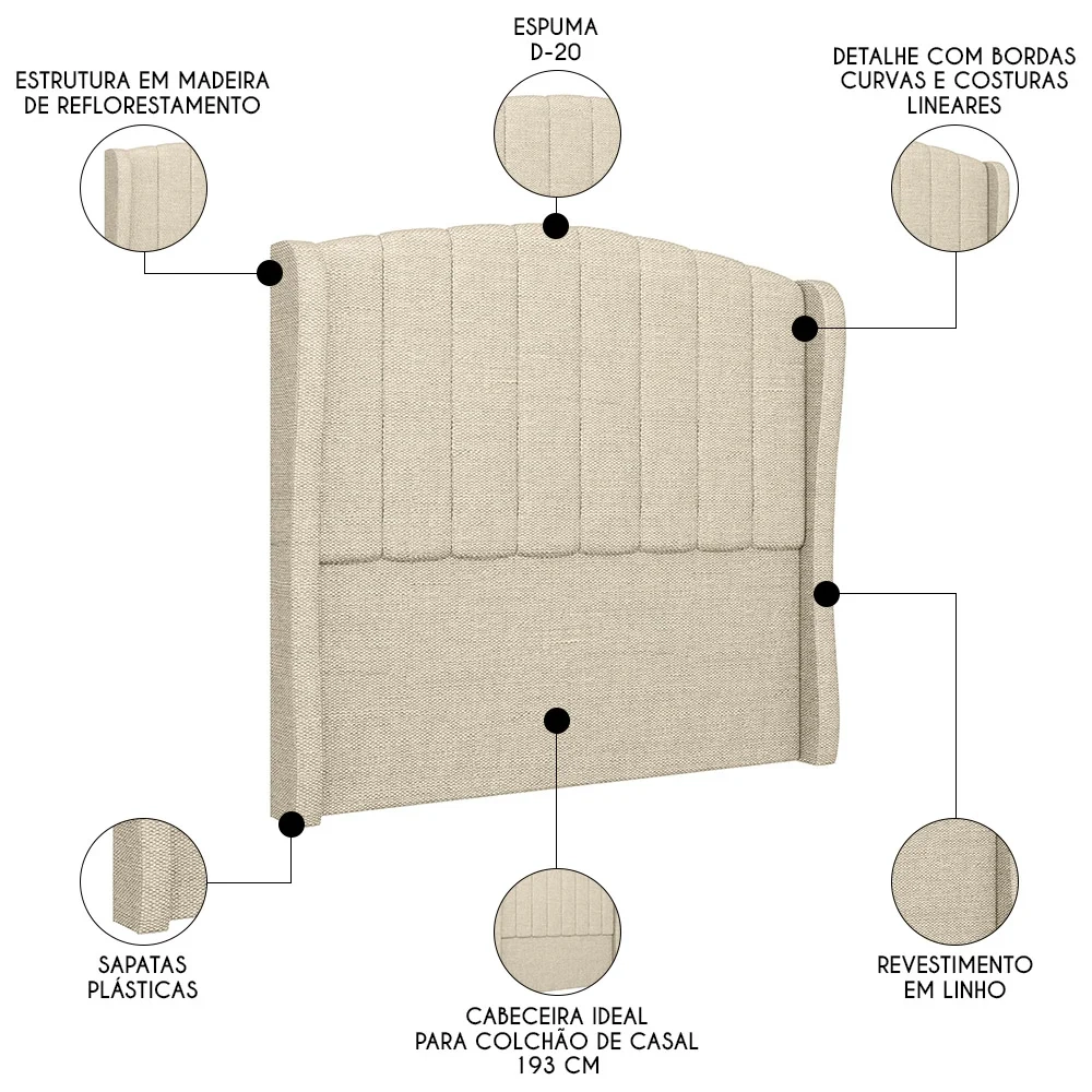 Cabeceira Casal King Cama Box 195cm Glenda Z04 Linho Bege - Mpozenato