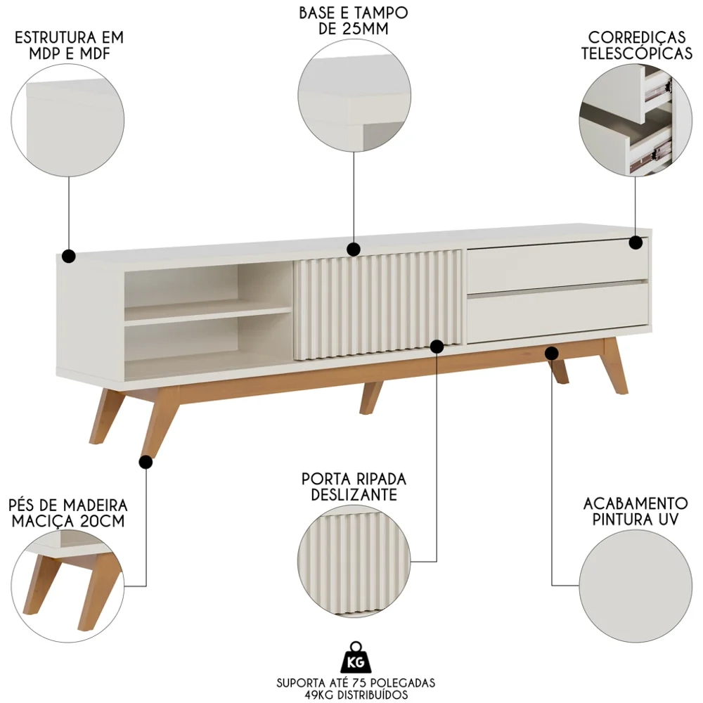 Painel para TV 75 Pol Chile e Rack Bancada Itália C05 Off White Matte/Freijó - Mpozenato