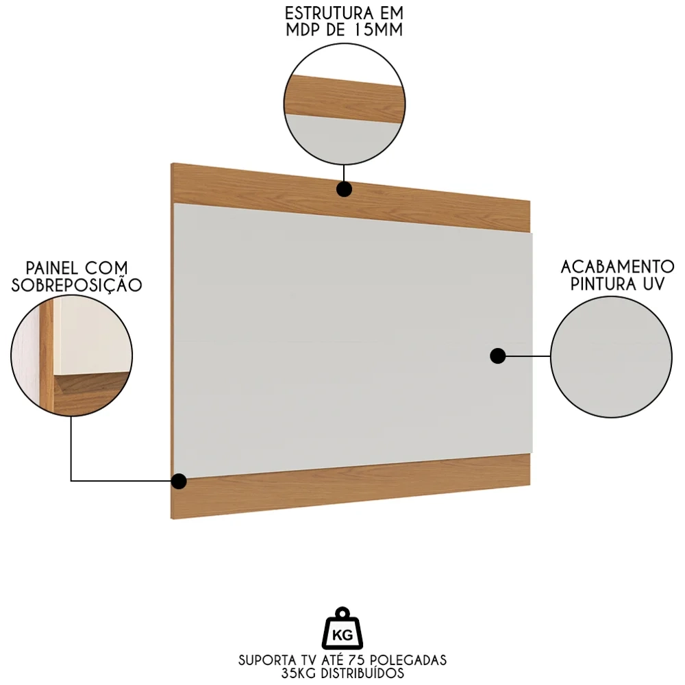 Painel para TV 75 Pol Chile e Rack Bancada Itália C05 Off White Matte/Freijó - Mpozenato