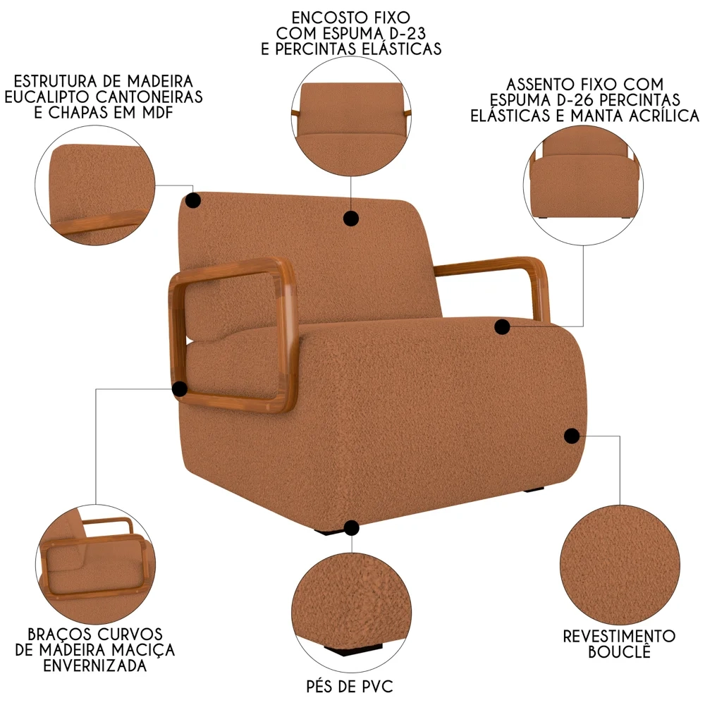 Poltrona Decorativa Orgânica para Sala Belarus Z08 Boucle Terracota - Mpozenato