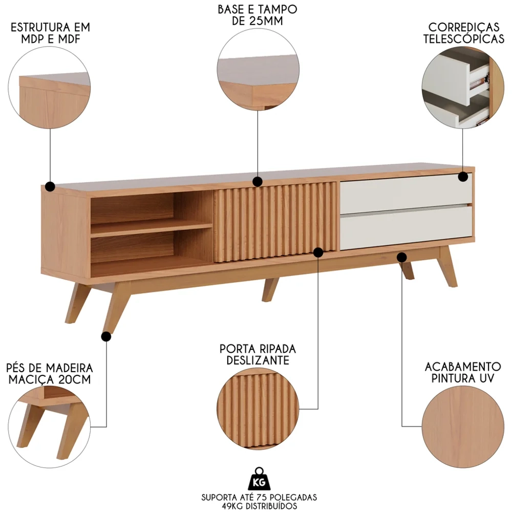 Painel para TV 75 Pol Chile e Rack Bancada Itália C05 Freijó/Off White Matte - Mpozenato
