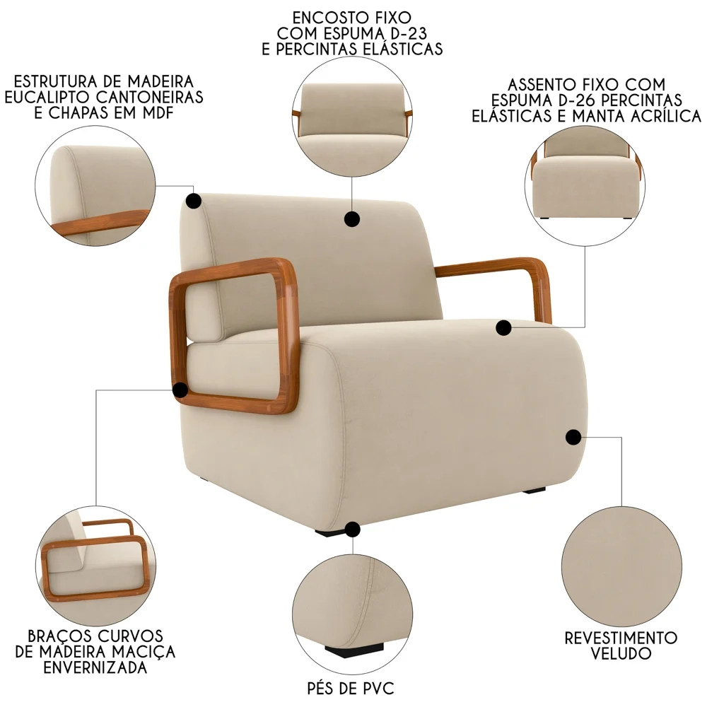 Poltrona Decorativa Orgânica para Sala Belarus Z08 Veludo Bege - Mpozenato