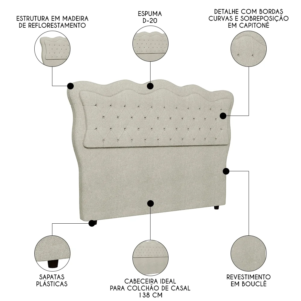 Cabeceira Casal Cama Box 140cm Oregon Z04 Boucle Bege - Mpozenato