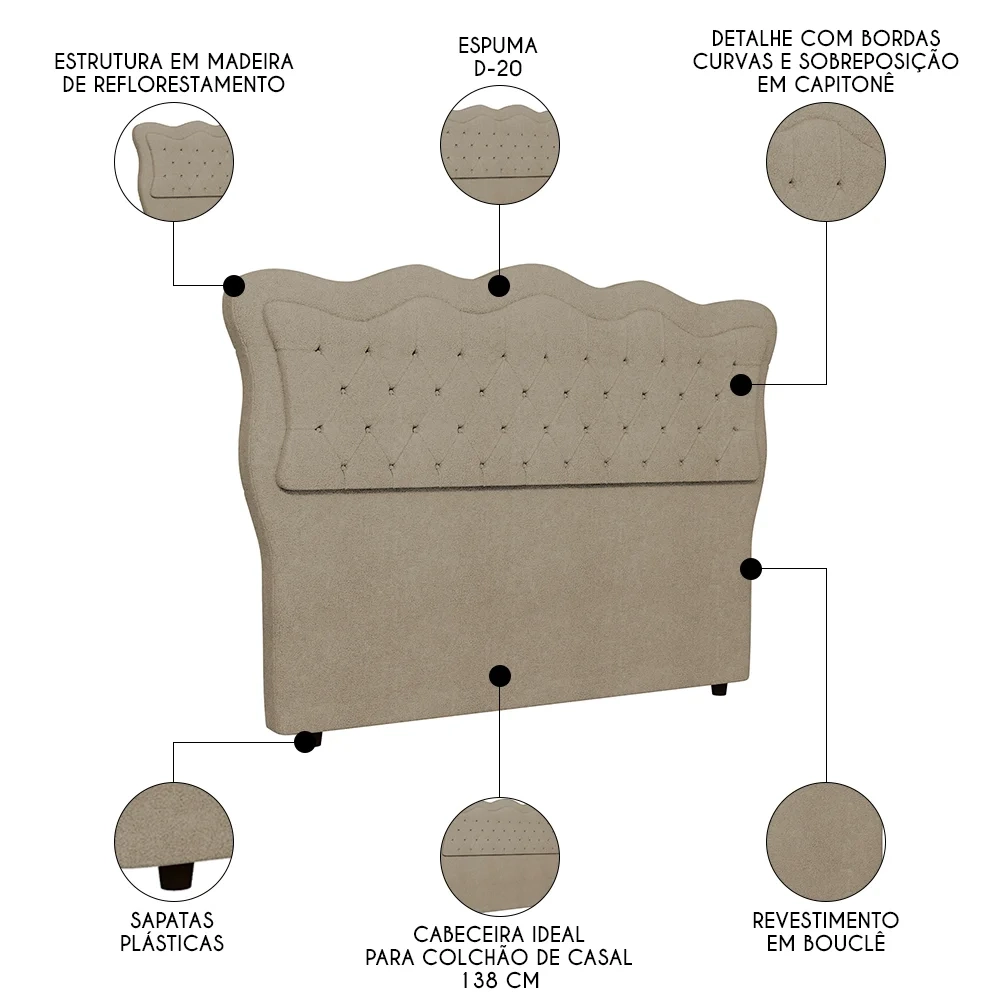 Cabeceira Casal Cama Box 140cm Oregon Z04 Boucle Capuccino - Mpozenato