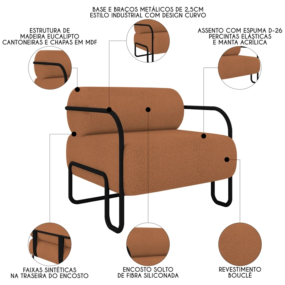 Poltrona Decorativa para Sala Industrial Kit 2 Kira Z08 Boucle Terracota - Mpozenato