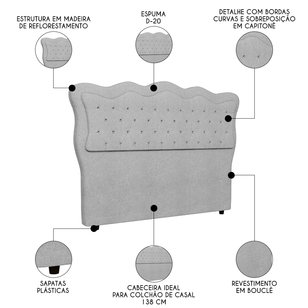 Cabeceira Casal Cama Box 140cm Oregon Z04 Boucle Cinza - Mpozenato