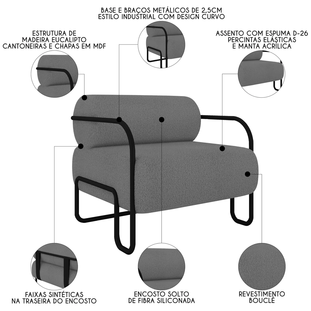 Poltrona Decorativa para Sala Industrial Kit 2 Kira Z08 Boucle Cinza - Mpozenato