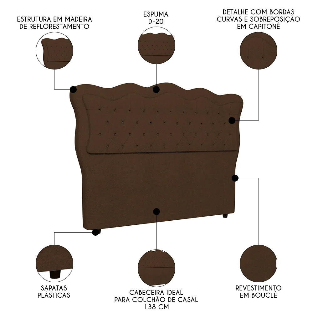Cabeceira Casal Cama Box 140cm Oregon Z04 Boucle Marrom - Mpozenato