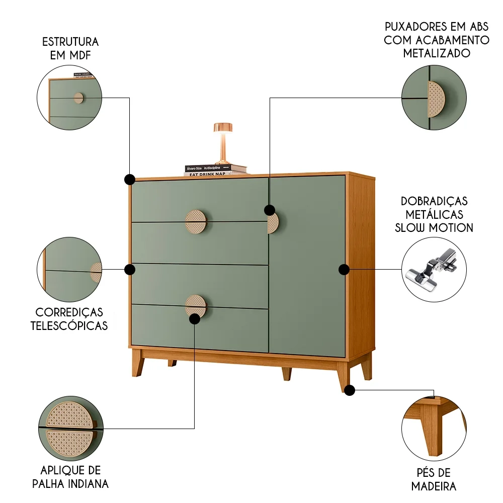Cômoda Sapateira 1 Porta 4 Gavetas 120cm Ipê Cinamomo/Sálvia - Albatroz