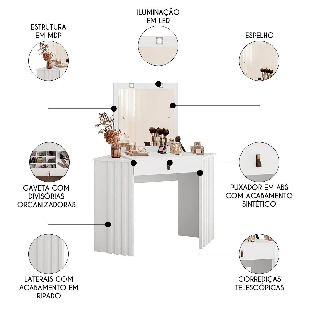 Penteadeira Camarim de Canto com Espelho 1 Gaveta Glitter Branco - Albatroz