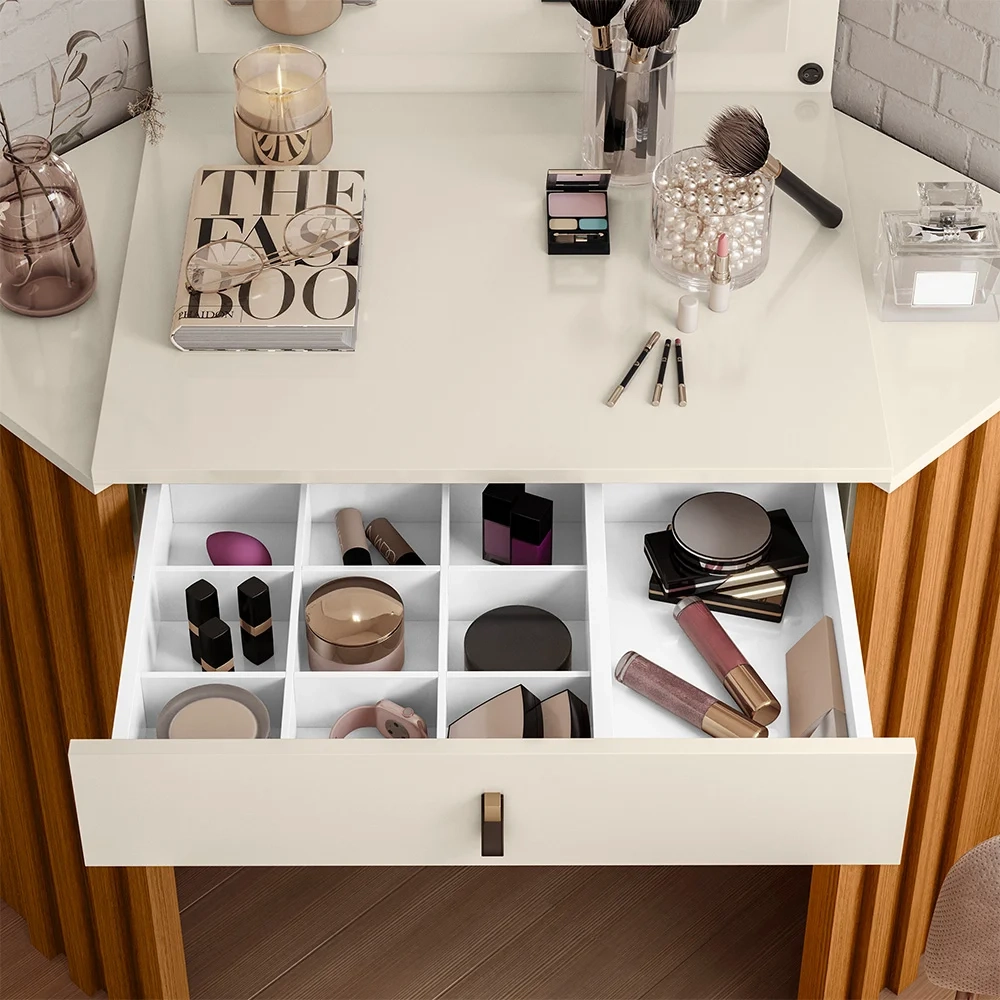 Penteadeira Camarim de Canto com Espelho 1 Gaveta Glitter Cinamomo/Off White - Albatroz