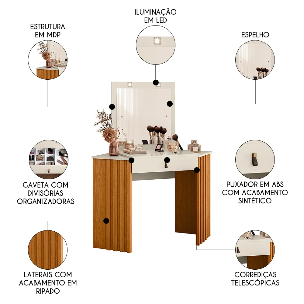 Penteadeira Camarim de Canto com Espelho 1 Gaveta Glitter Cinamomo/Off White - Albatroz