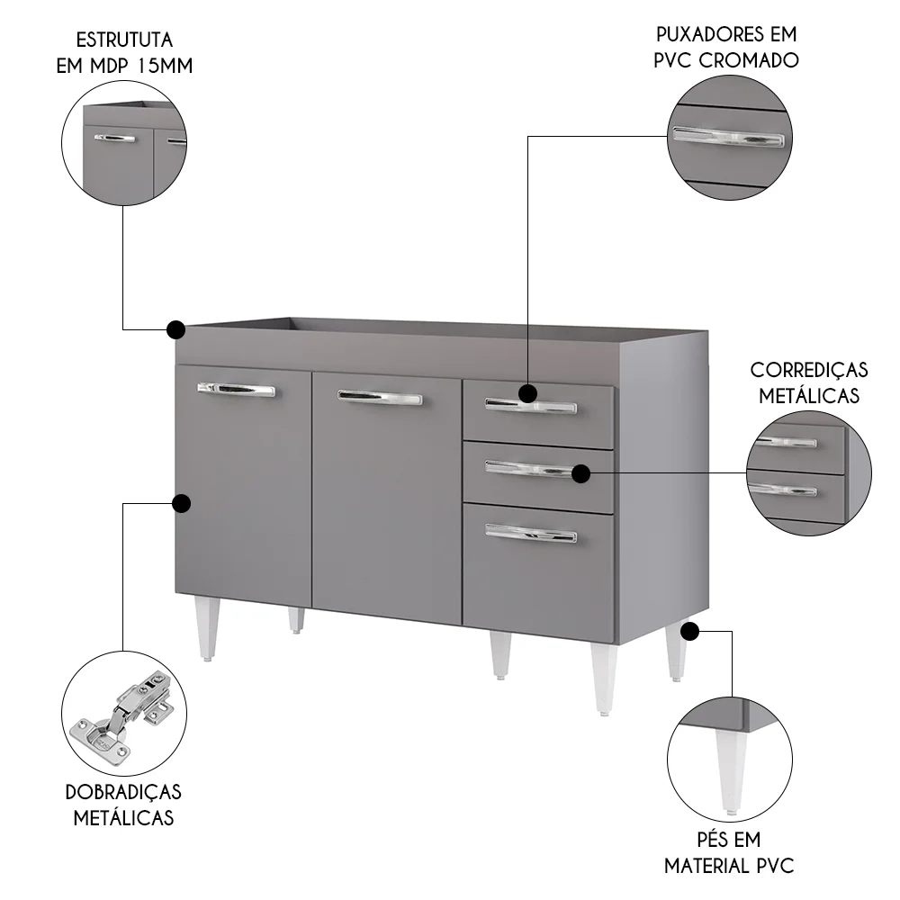 Balcão Gabinete Para Pia 120cm 3 Portas sem Tampo Suécia Cinza - Lumil