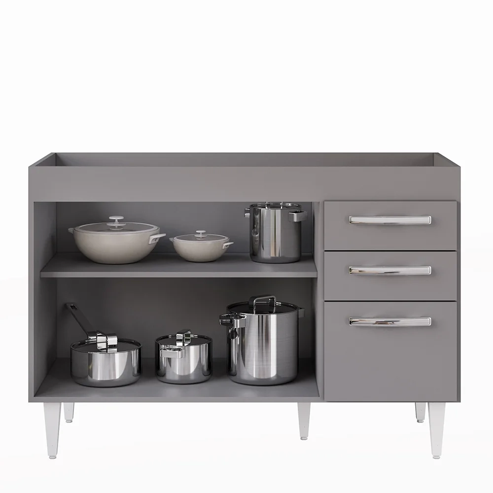 Balcão Gabinete Para Pia 120cm 3 Portas sem Tampo Suécia Cinza - Lumil