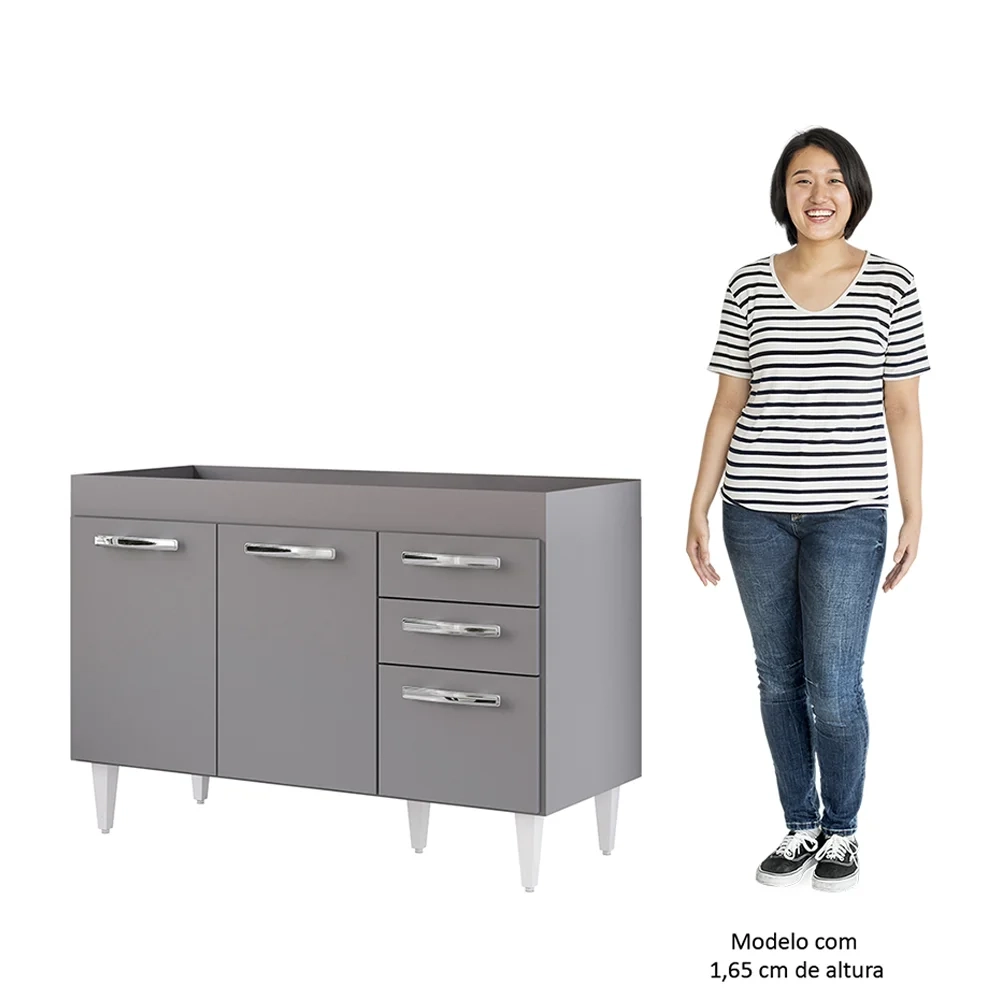 Balcão Gabinete Para Pia 120cm 3 Portas sem Tampo Suécia Cinza - Lumil