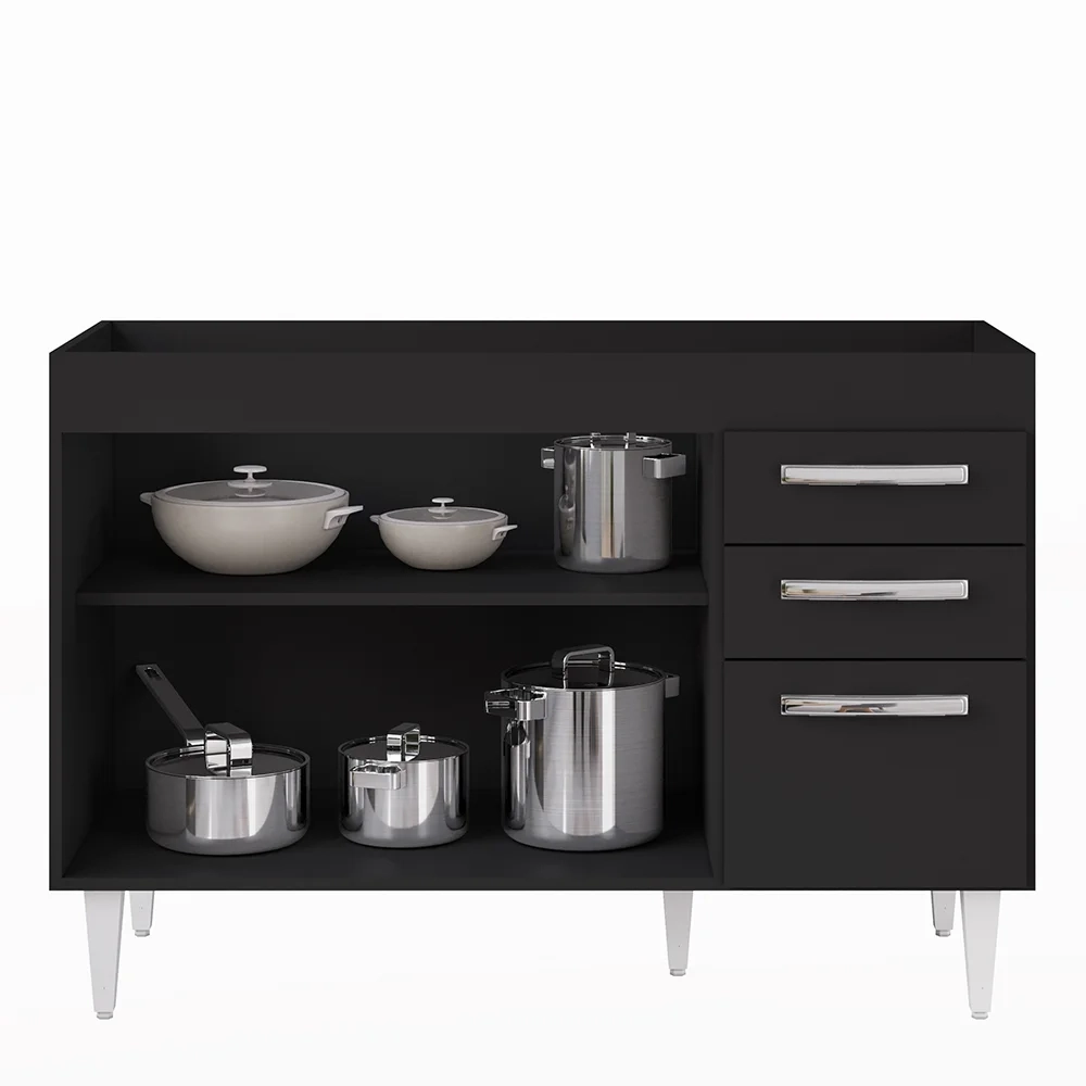 Balcão Gabinete Para Pia 120cm 3 Portas sem Tampo Suécia Preto - Lumil