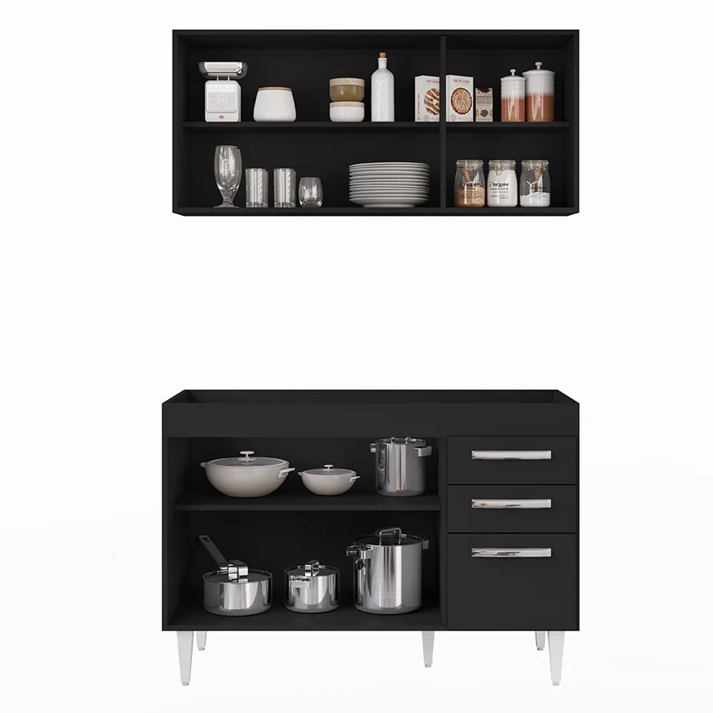 Armário Aéreo Honduras e Balcão Gabinete sem Tampo 120cm Suécia Preto - Lumil