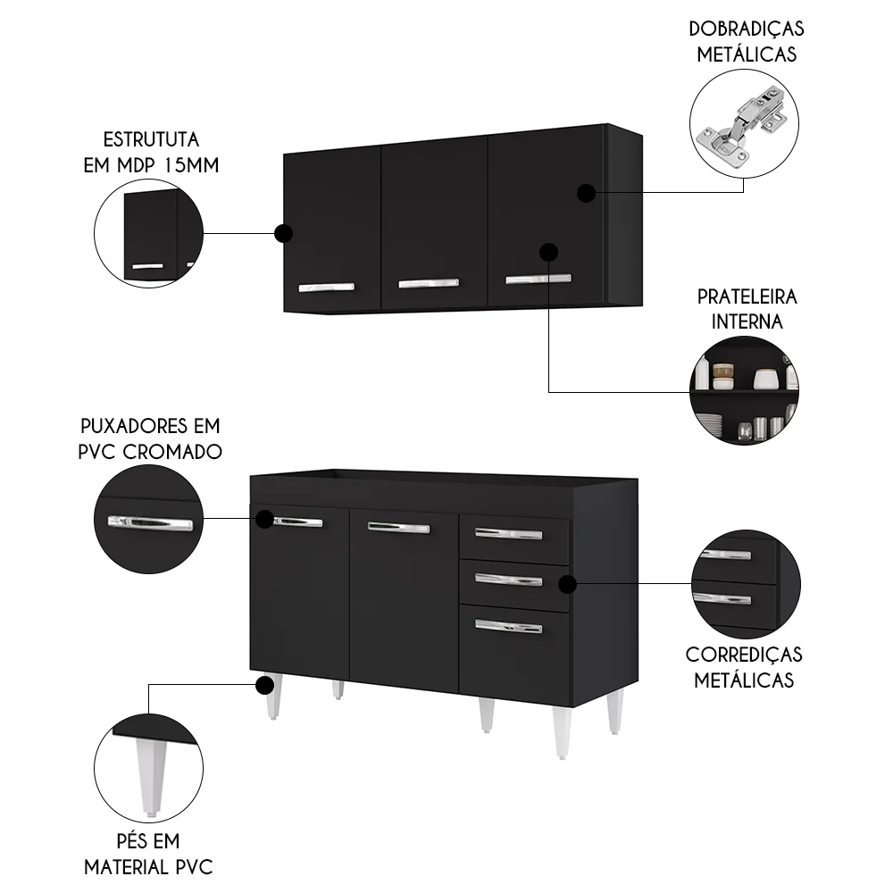 Armário Aéreo Honduras e Balcão Gabinete sem Tampo 120cm Suécia Preto - Lumil