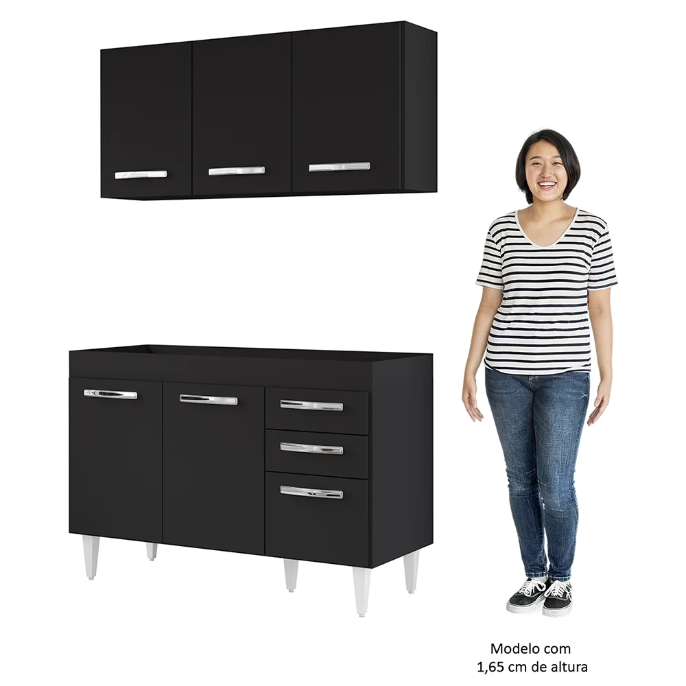 Armário Aéreo Honduras e Balcão Gabinete sem Tampo 120cm Suécia Preto - Lumil