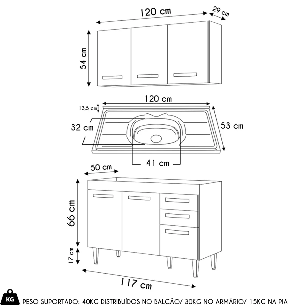 Armário Aéreo Honduras e Balcão Gabinete com Pia 120cm Suécia Preto - Lumil