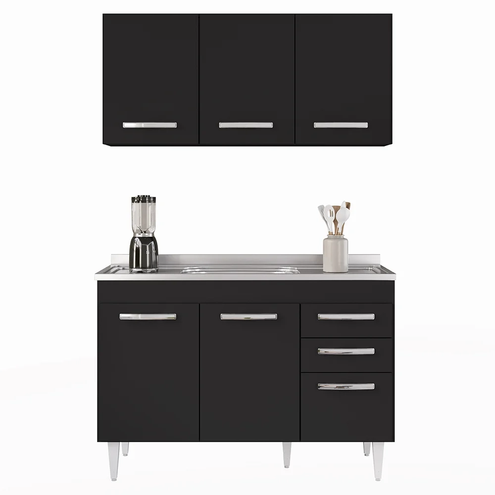 Armário Aéreo Honduras e Balcão Gabinete com Pia 120cm Suécia Preto - Lumil