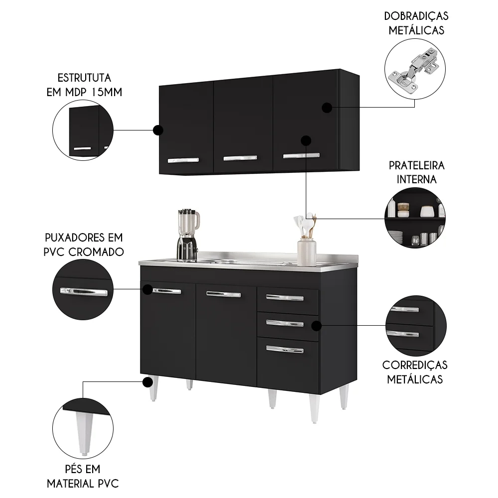 Armário Aéreo Honduras e Balcão Gabinete com Pia 120cm Suécia Preto - Lumil
