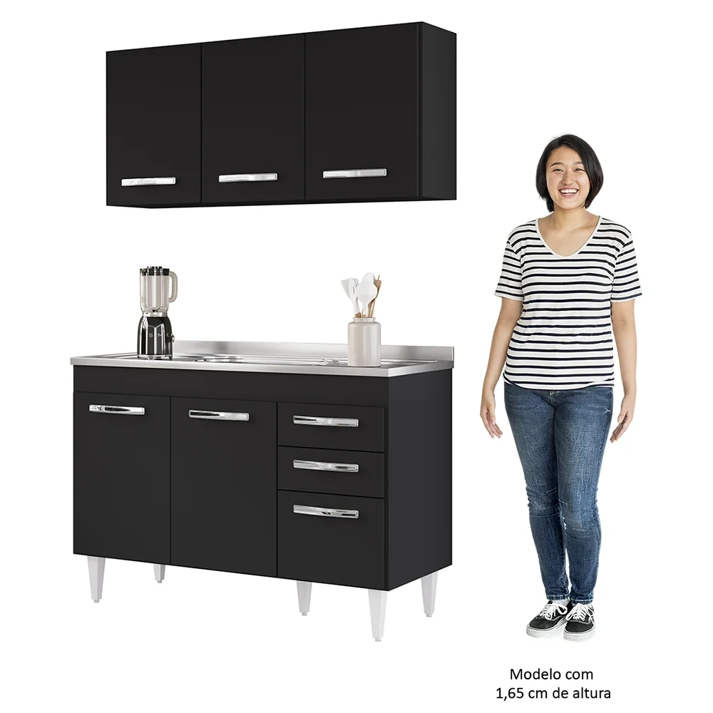Armário Aéreo Honduras e Balcão Gabinete com Pia 120cm Suécia Preto - Lumil