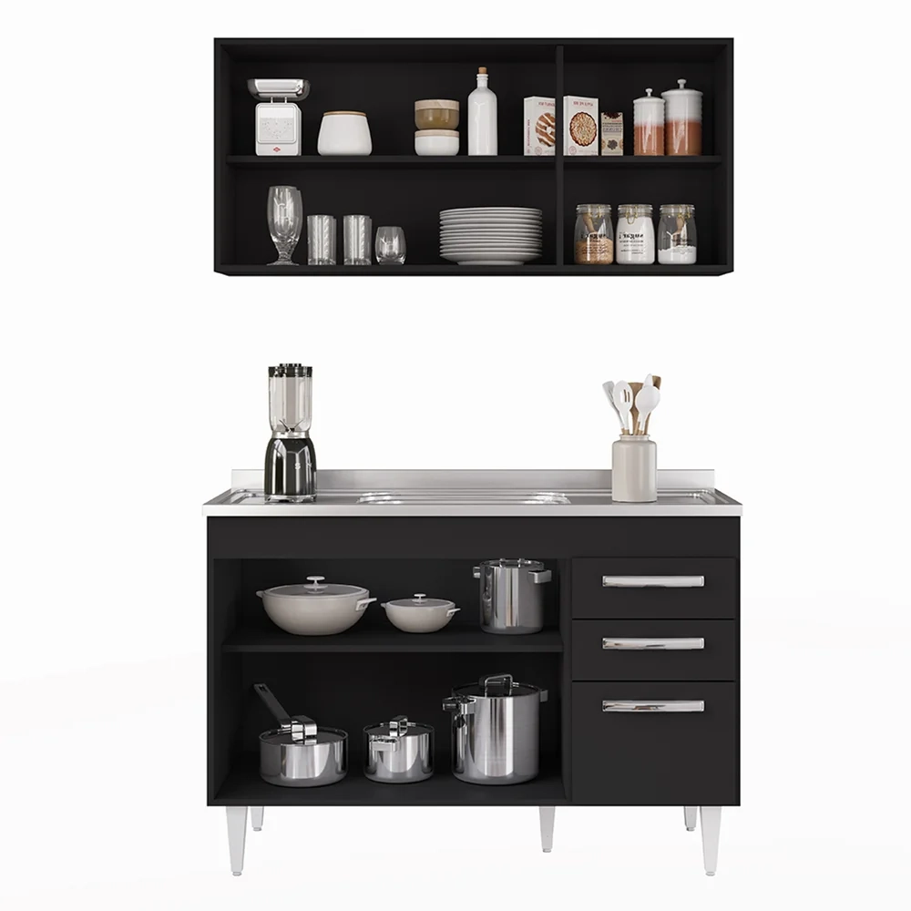 Armário Aéreo Honduras e Balcão Gabinete com Pia 120cm Suécia Preto - Lumil