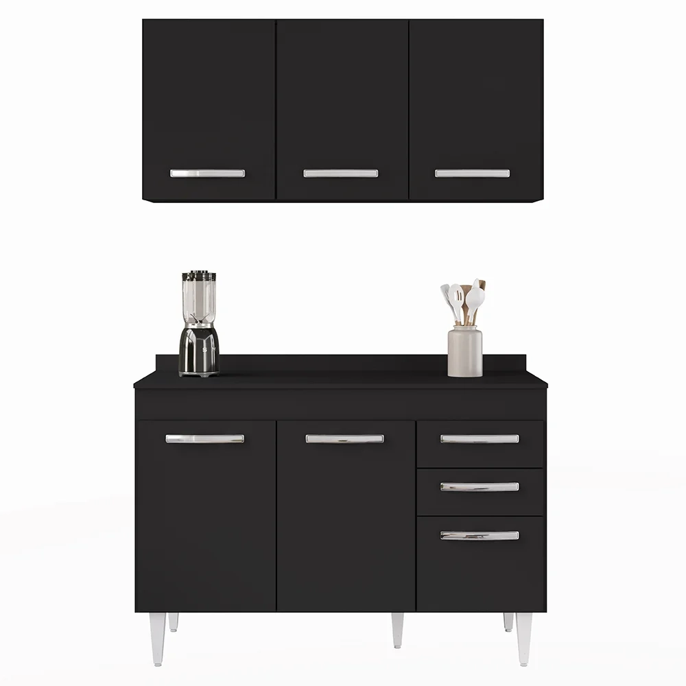 Armário Aéreo Honduras e Balcão Gabinete com Tampo 120cm Suécia Preto - Lumil