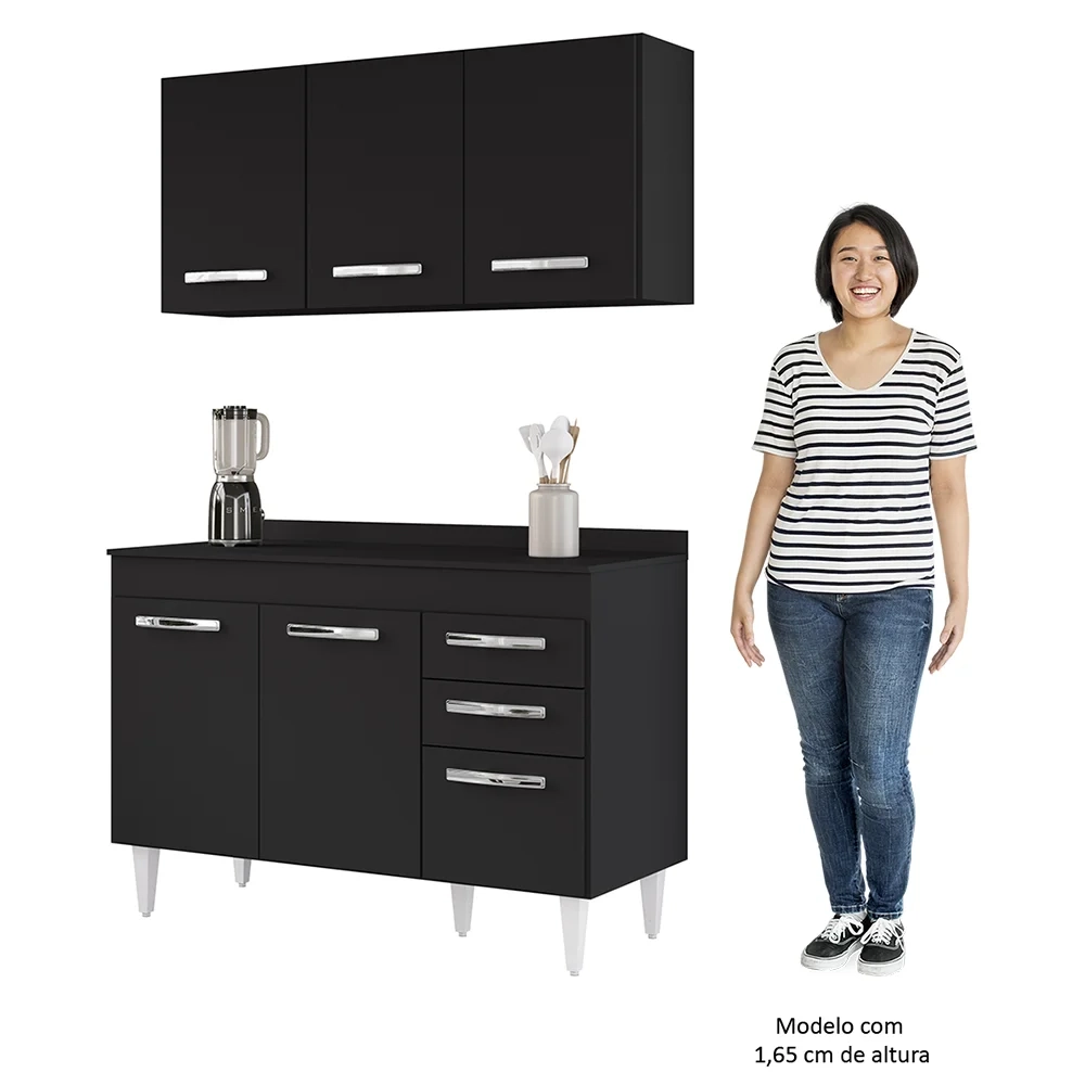 Armário Aéreo Honduras e Balcão Gabinete com Tampo 120cm Suécia Preto - Lumil