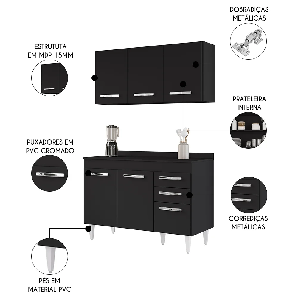 Armário Aéreo Honduras e Balcão Gabinete com Tampo 120cm Suécia Preto - Lumil