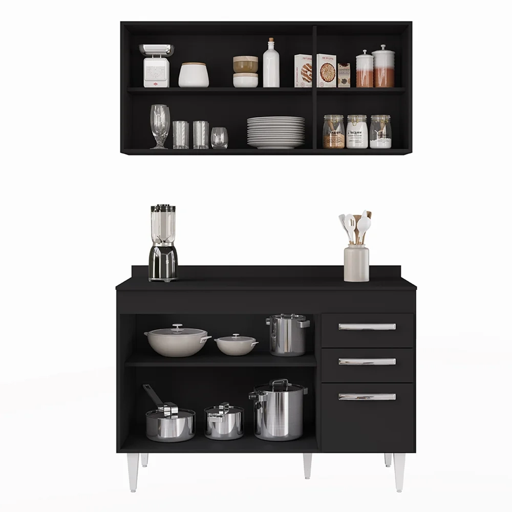 Armário Aéreo Honduras e Balcão Gabinete com Tampo 120cm Suécia Preto - Lumil