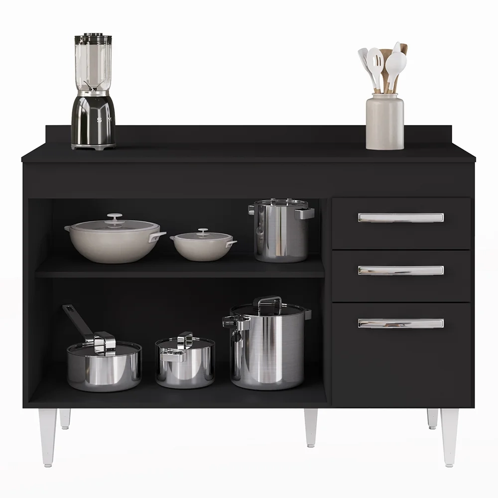 Balcão Gabinete Para Pia 120cm 3 Portas com Tampo Suécia Preto - Lumil