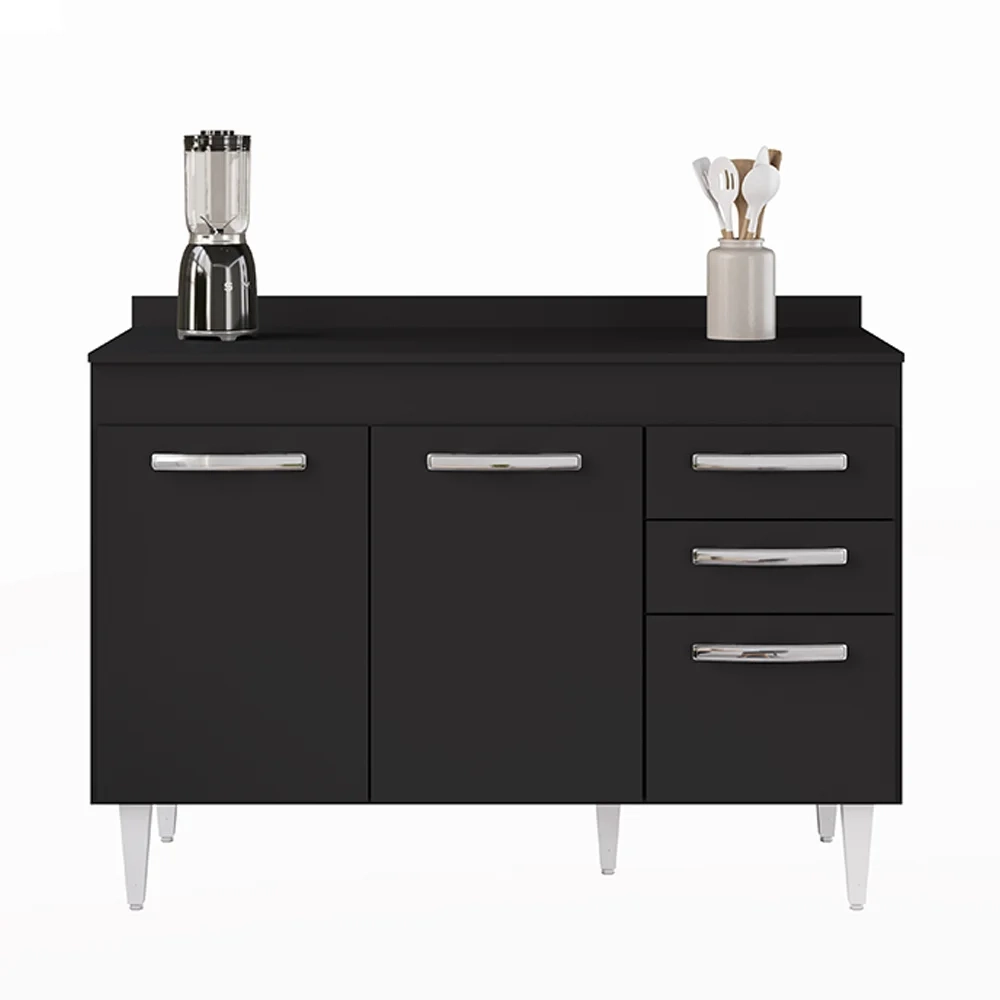 Balcão Gabinete Para Pia 120cm 3 Portas com Tampo Suécia Preto - Lumil