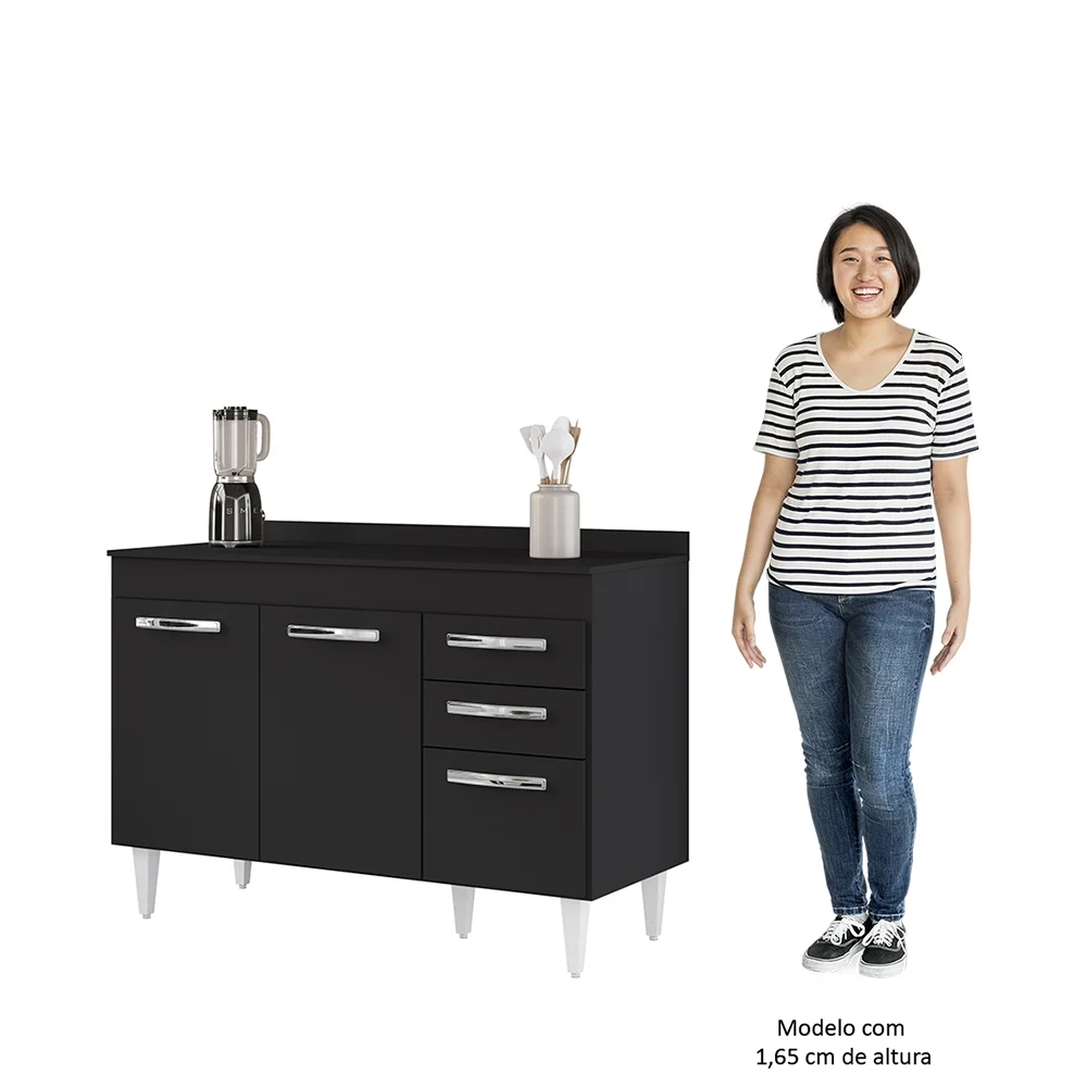 Balcão Gabinete Para Pia 120cm 3 Portas com Tampo Suécia Preto - Lumil