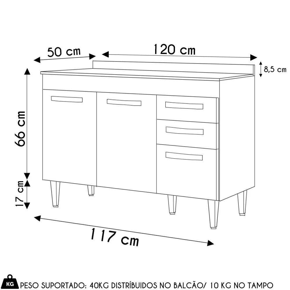 Balcão Gabinete Para Pia 120cm 3 Portas com Tampo Suécia Preto - Lumil