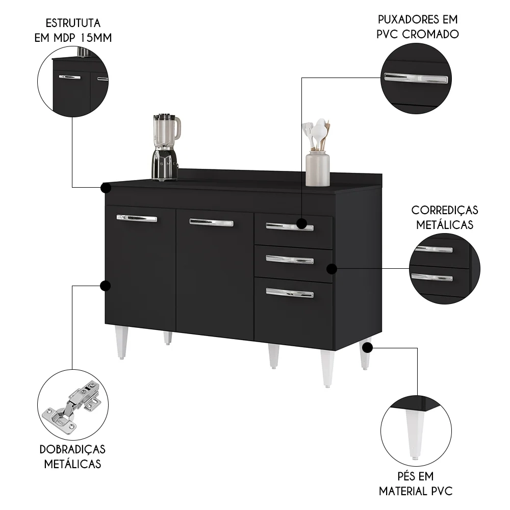 Balcão Gabinete Para Pia 120cm 3 Portas com Tampo Suécia Preto - Lumil