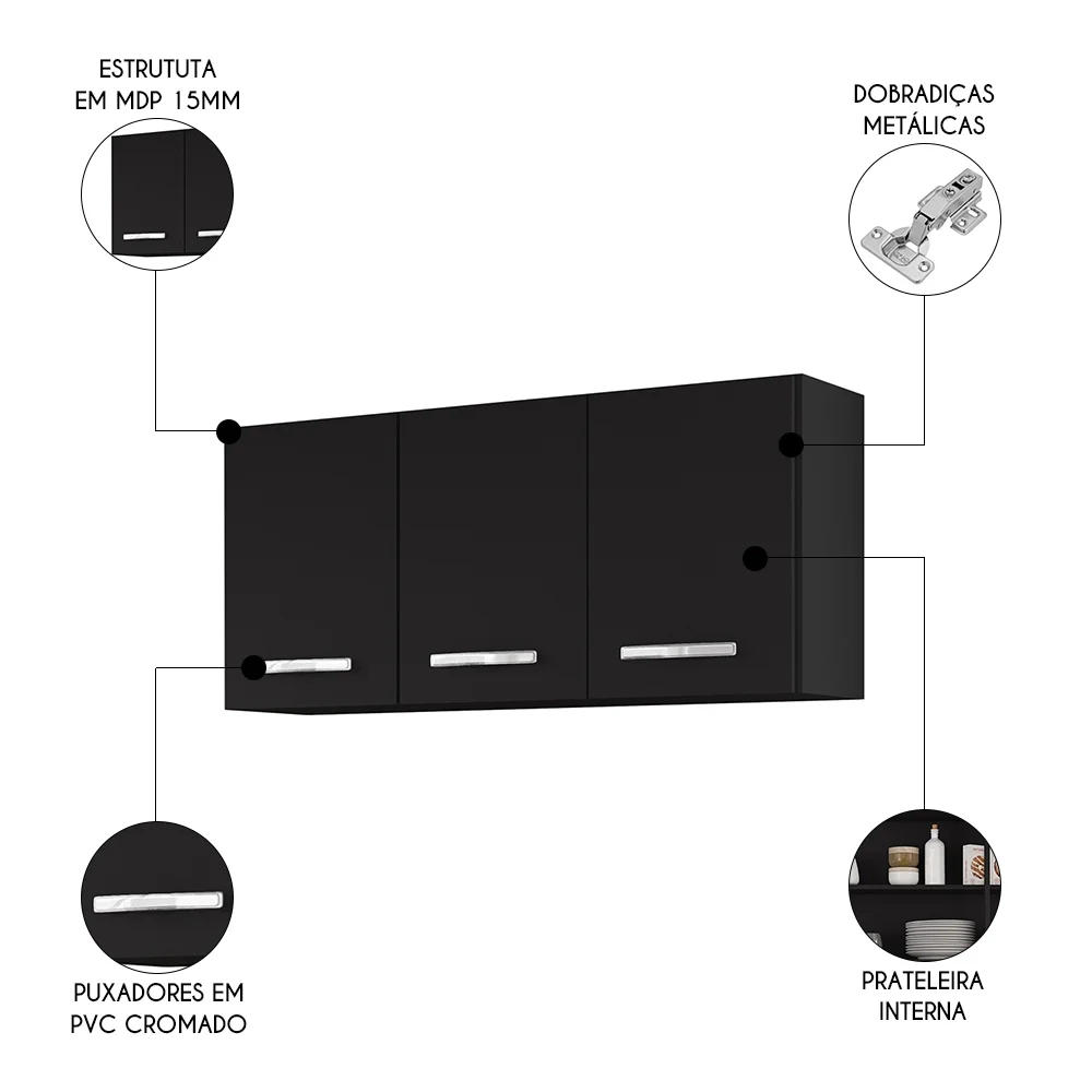 Armários de Cozinha Aéreo 3 Portas 120cm Kit 2 Honduras Preto - Lumil